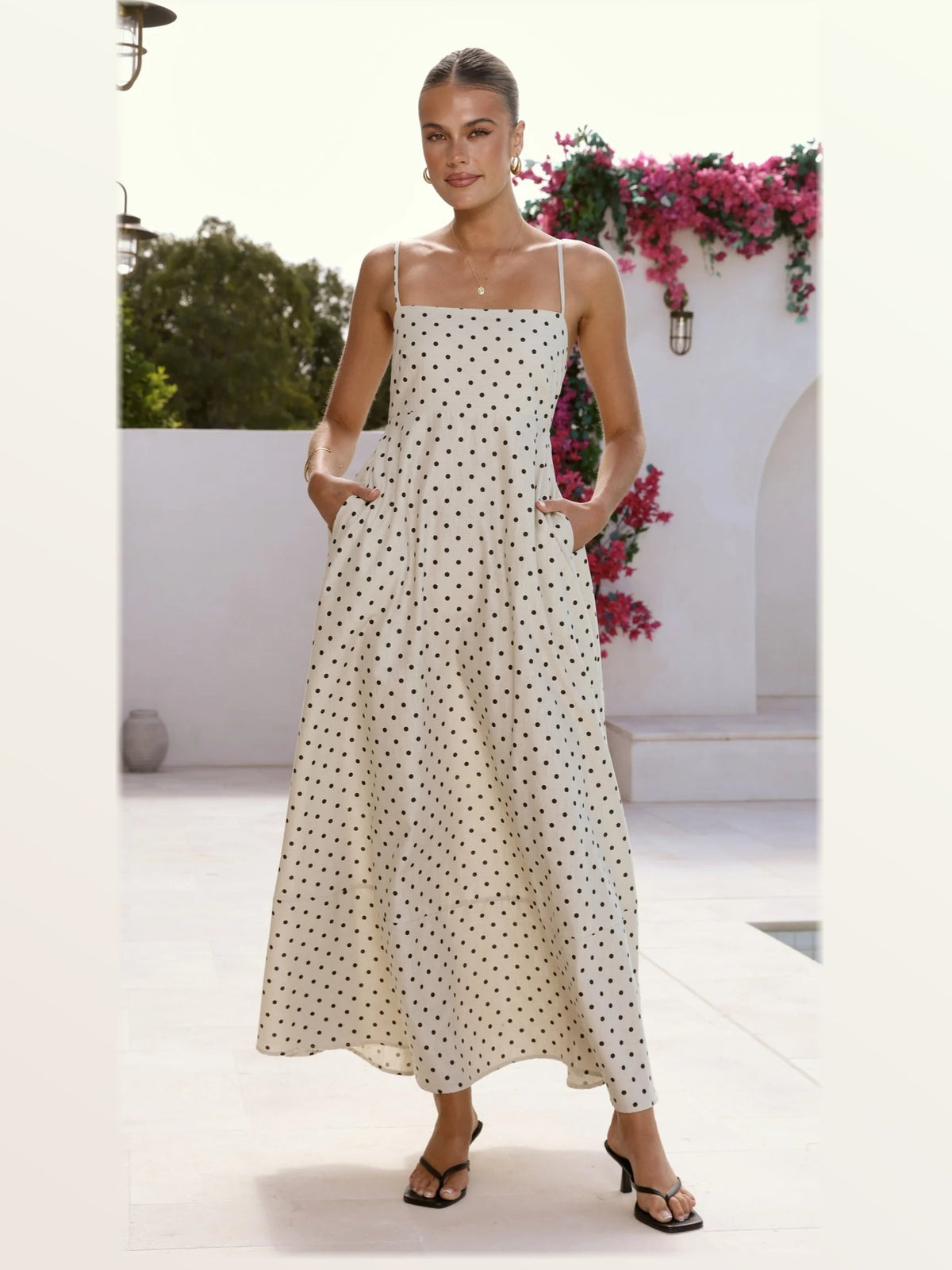 Beige Black Polka Dot maxi formal dress, alternate full-length view showing the overall shape