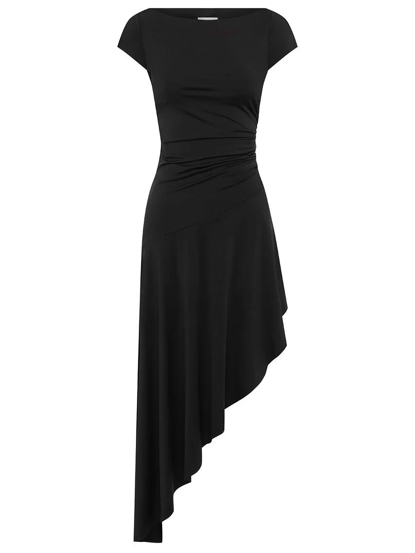 Dark sleeveless-looking midi formal dress with ruched waist and asymmetrical draped hem