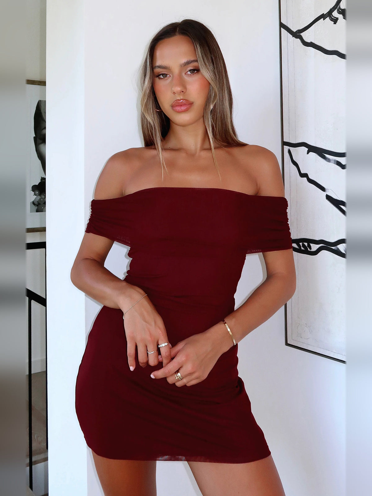 Burgundy off-shoulder mini dress, fitted off-shoulder design with ruched waist