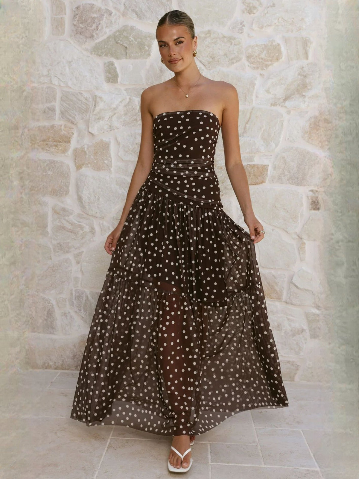 Chocolate White Polka Dot a-line maxi formal dress with ruching, alternate full-length view showing the hem