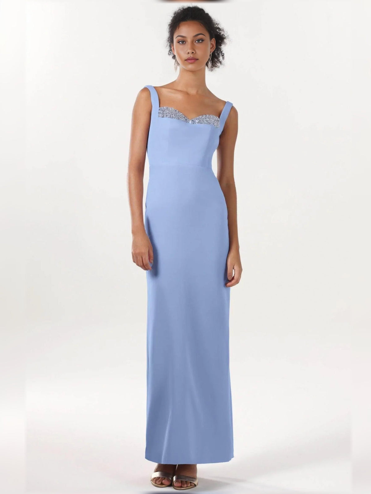 Light blue sweetheart formal dress with beaded neckline and fitted long skirt