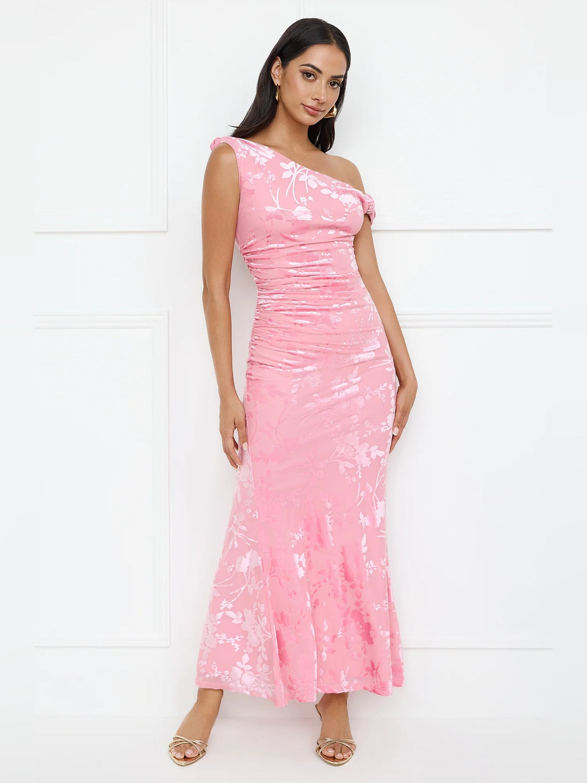 Pink sheath maxi formal dress with one-shoulder neckline, alternate full-length view showing the hem