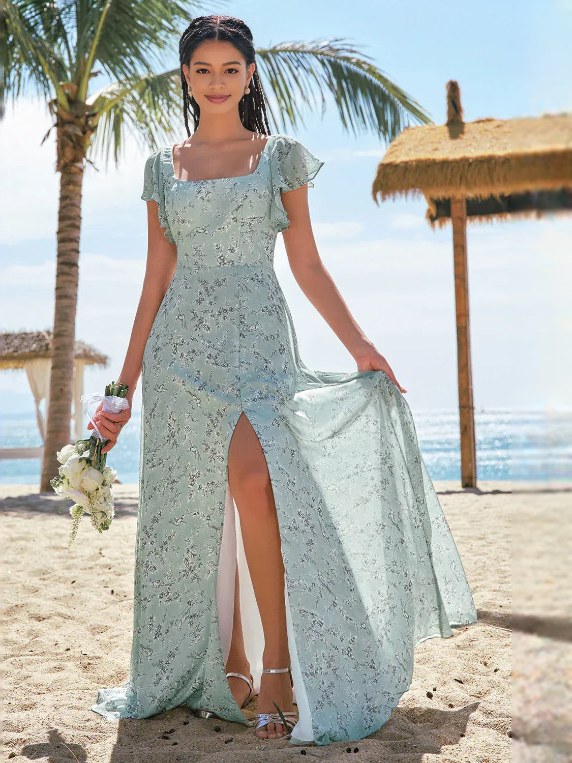 Mint green floral chiffon A-line maxi dress with square neckline and side slit, full length