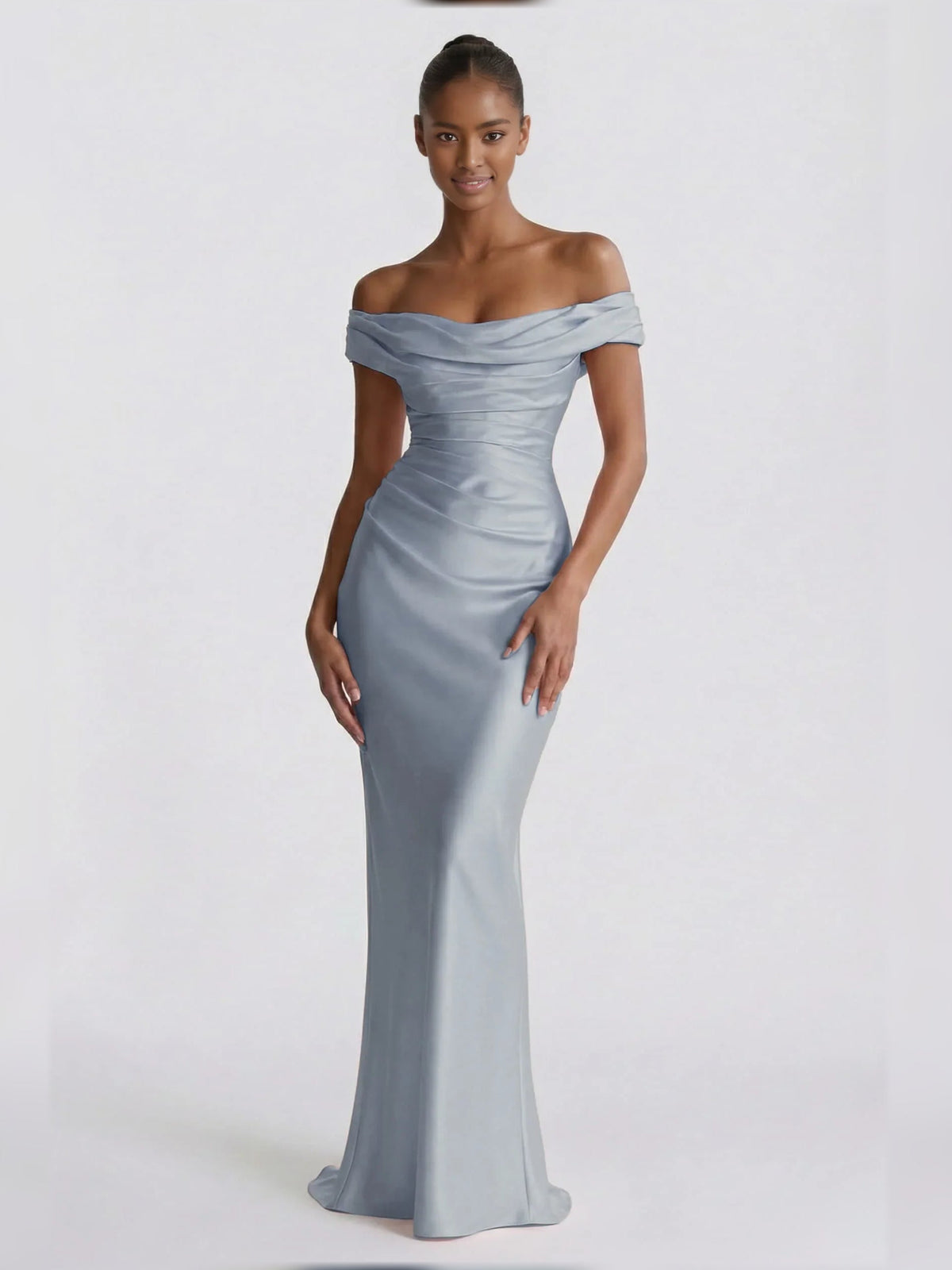 Off-shoulder satin corset formal dress, powder blue, floor-length fitted silhouette