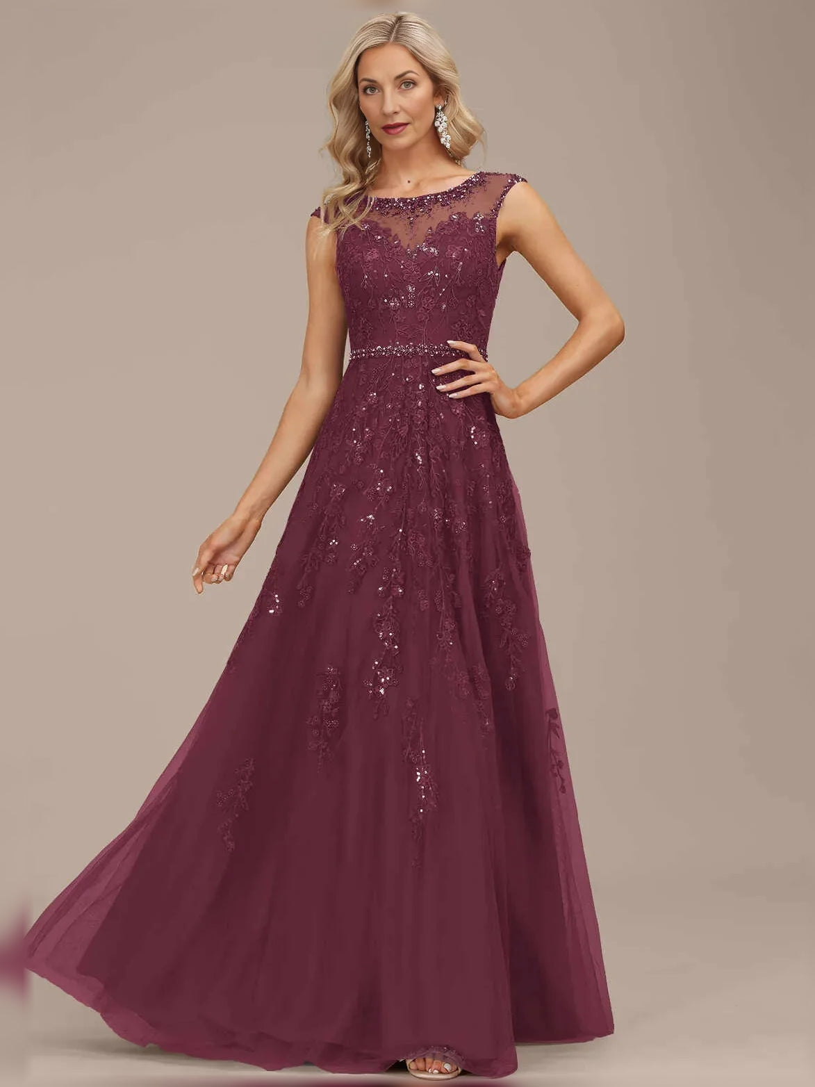 Mulberry sleeveless A-line maxi tulle dress with illusion neckline and beaded floral details