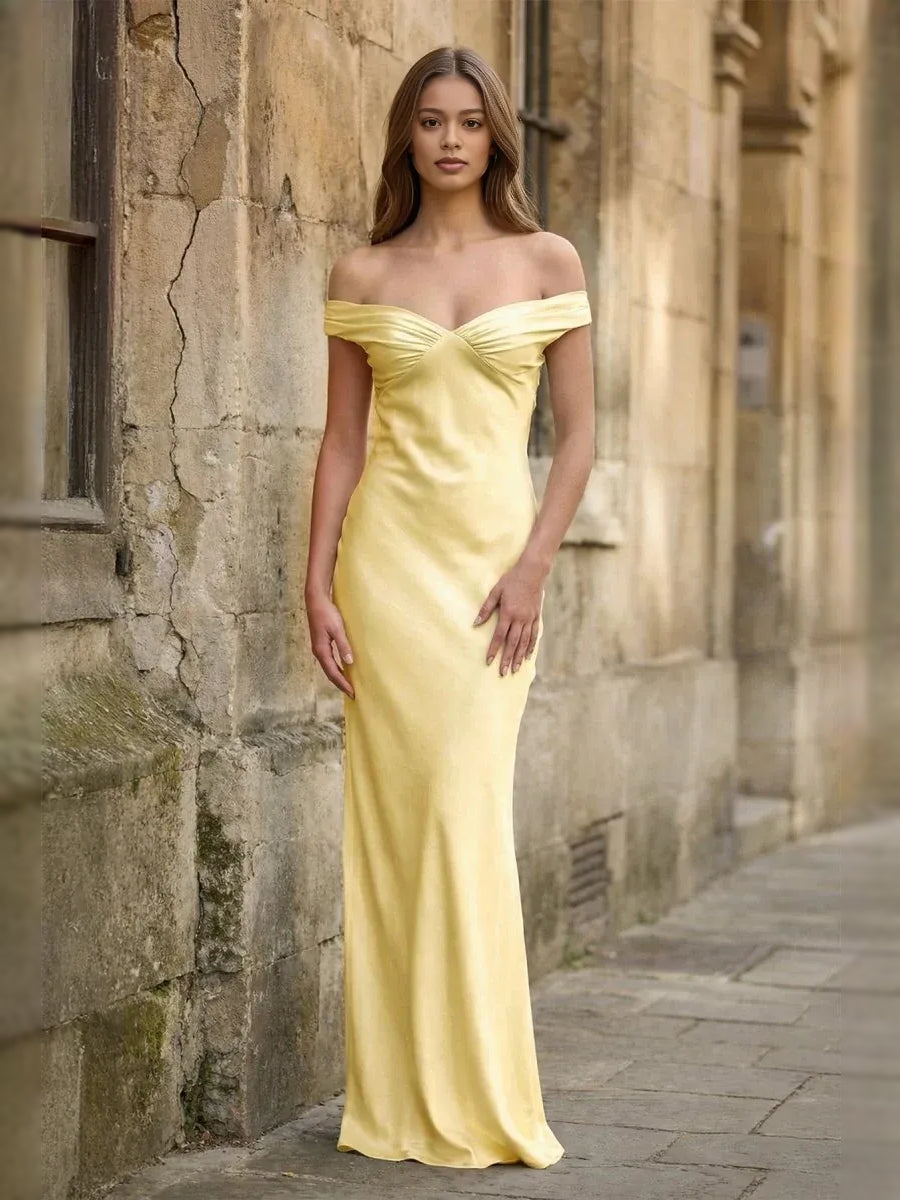 Yellow satin off-shoulder column prom dress with ruched bust, floor-length