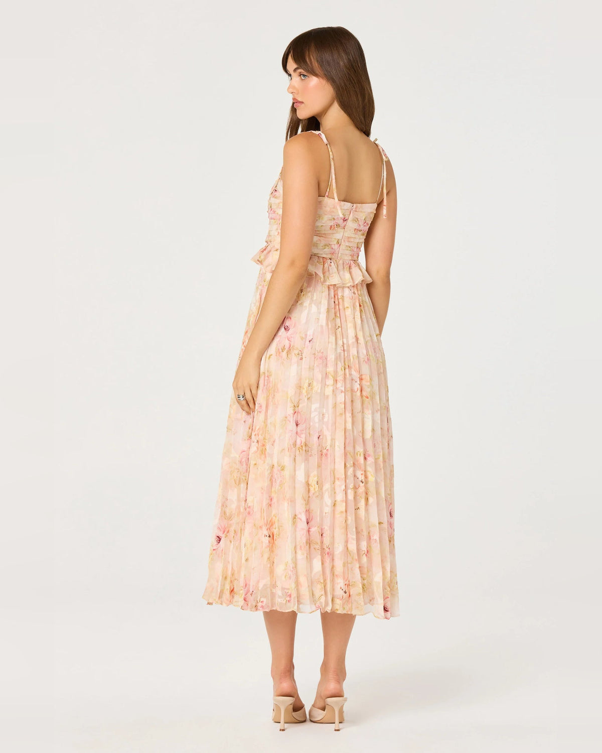 Pink floral midi A-line dress with spaghetti straps and pleated back