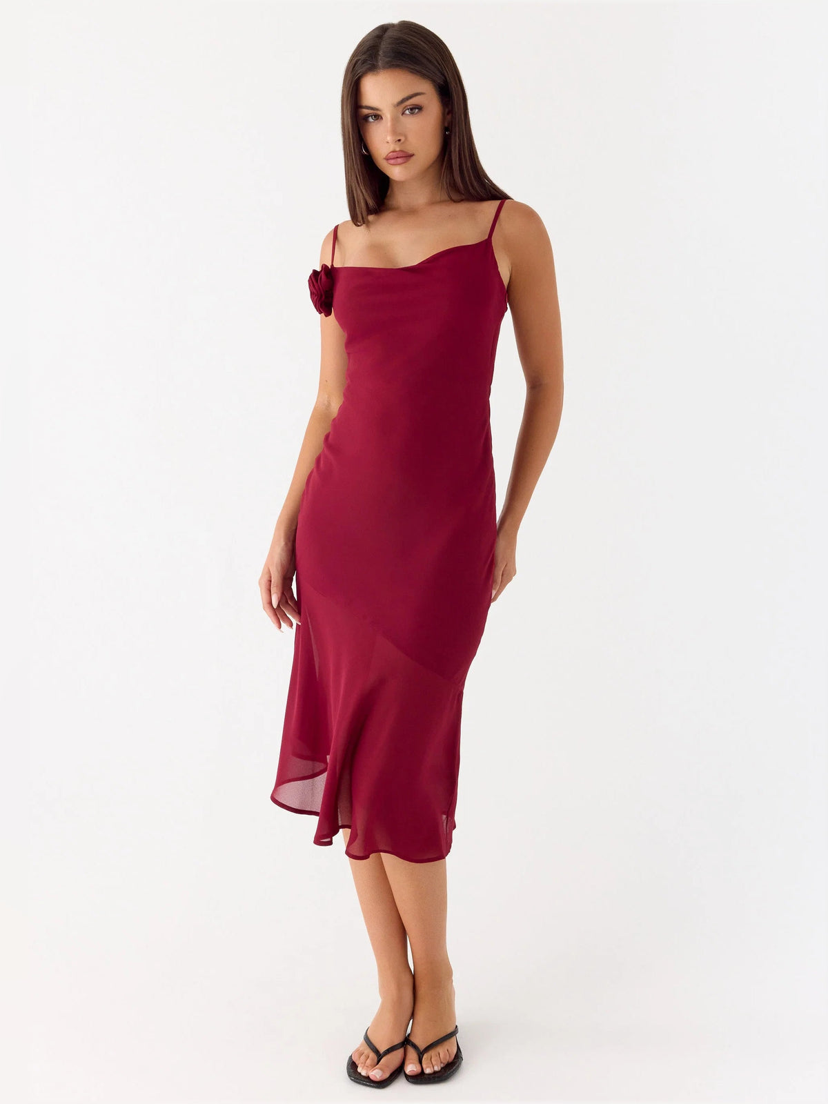 Red midi formal dress, spaghetti straps, fitted bodice, layered flared hem