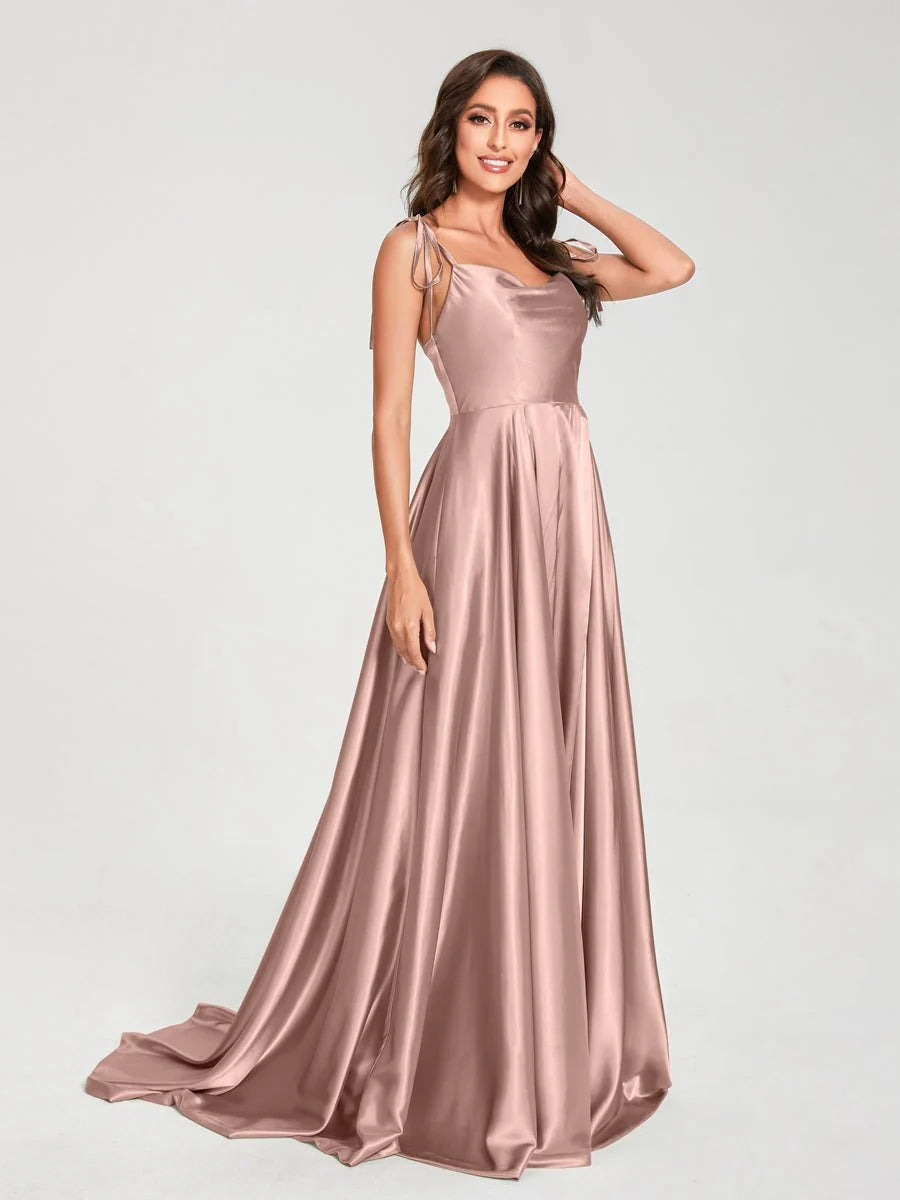 Dusty rose satin halter A-line formal dress with gathered waist and floor-length hem