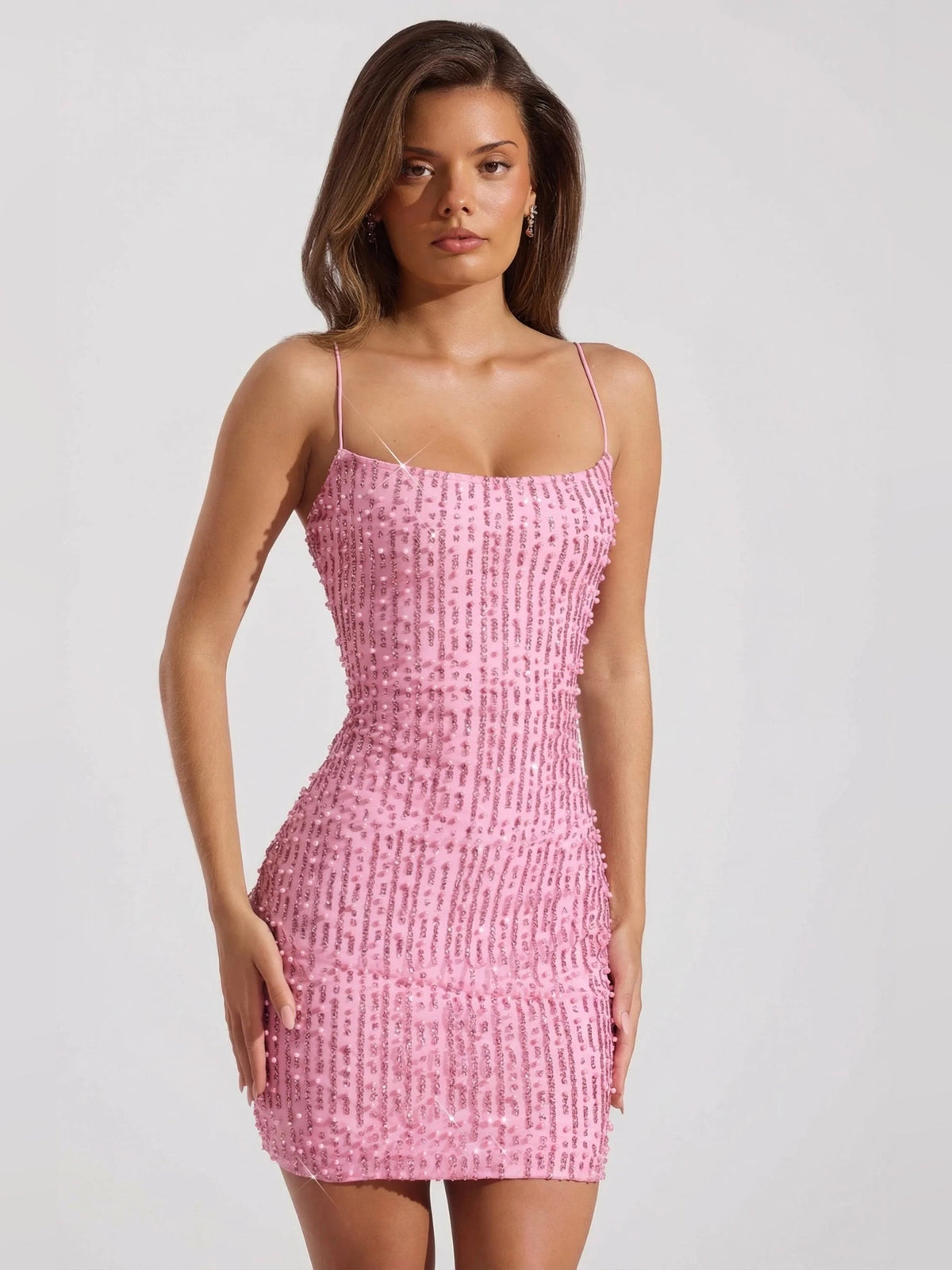 Pink scoop neck bodycon mini dress with spaghetti straps, straight fitted silhouette