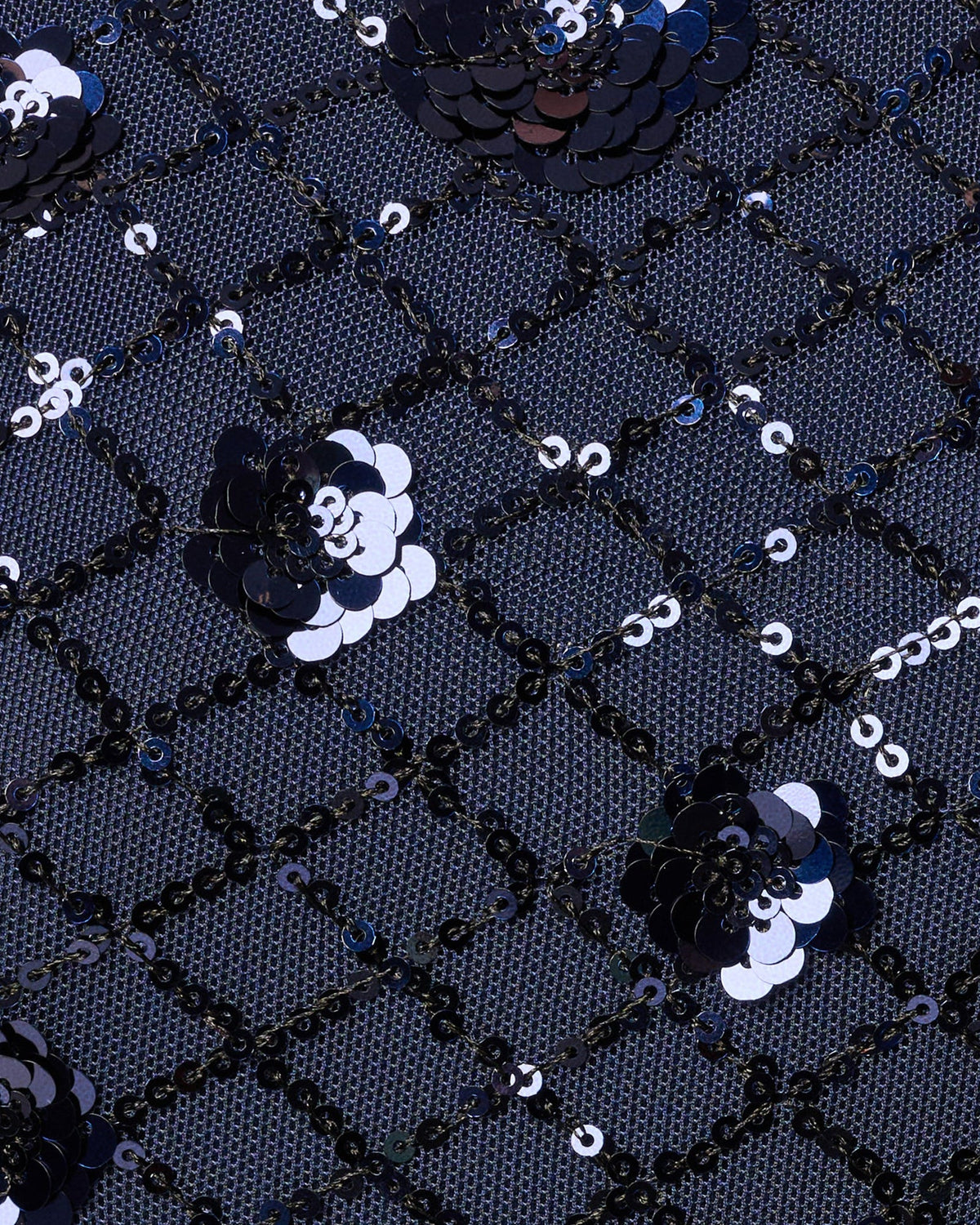 Navy sequin fabric with silver and black floral sequin pattern