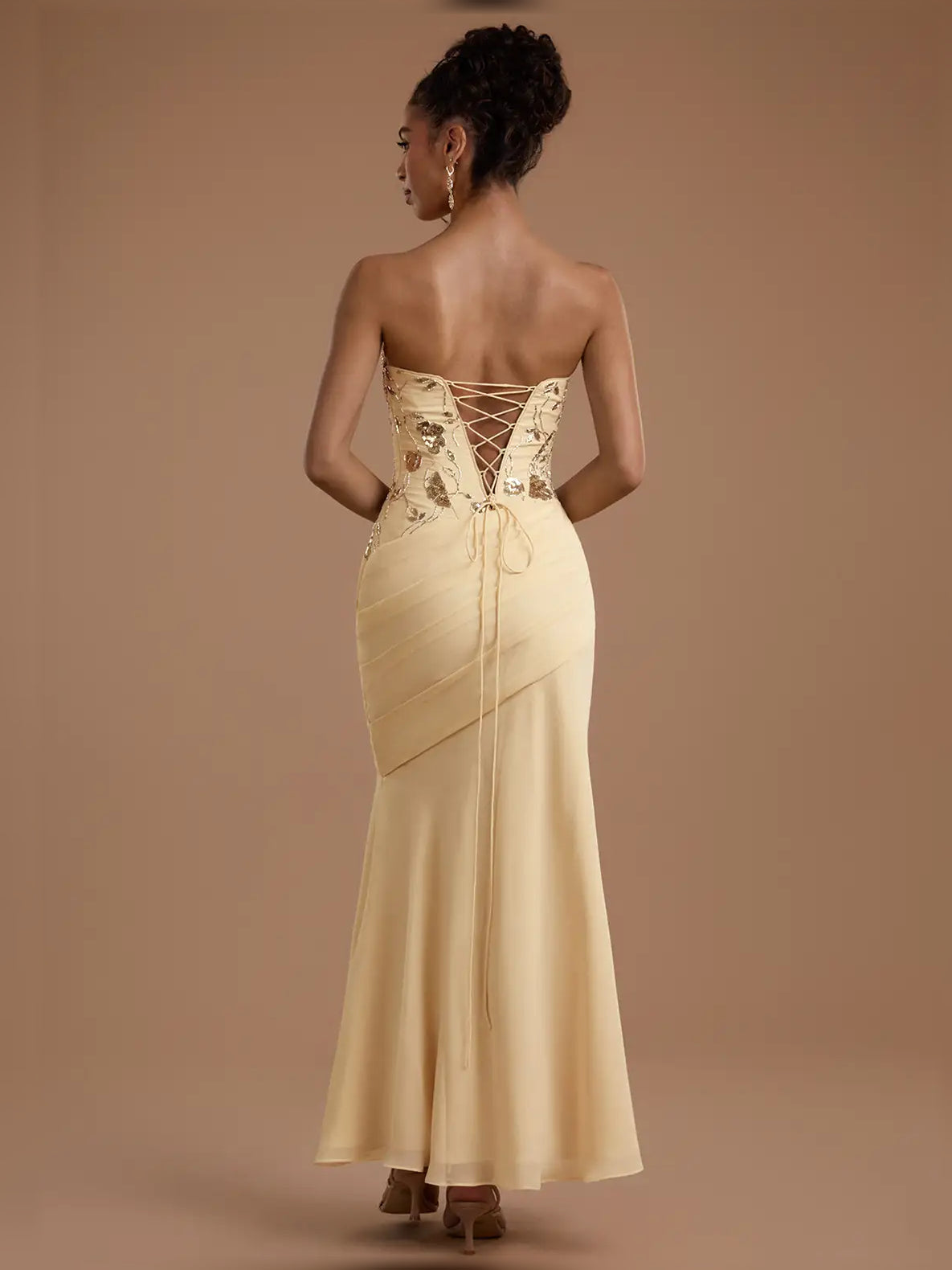 Cowl neck midi formal dress with ruching and slit, pale lemon open-back lace-up