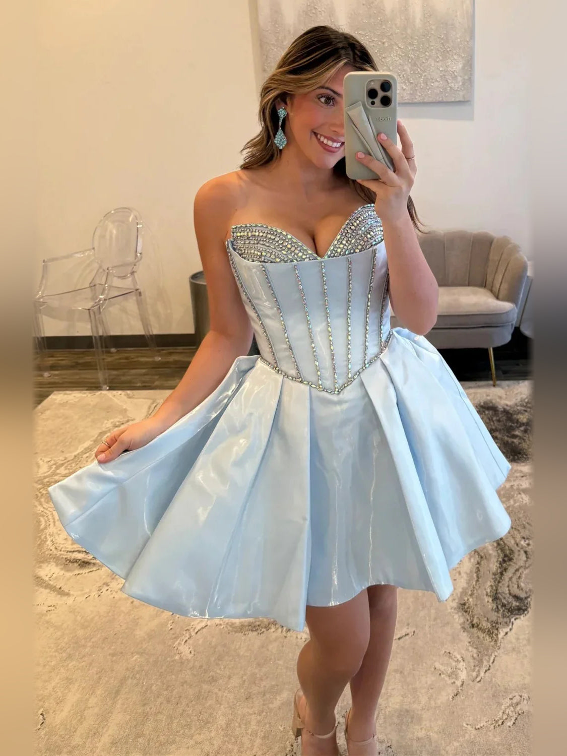 Light blue sweetheart corset satin dress with crystal trim and wide A-line skirt