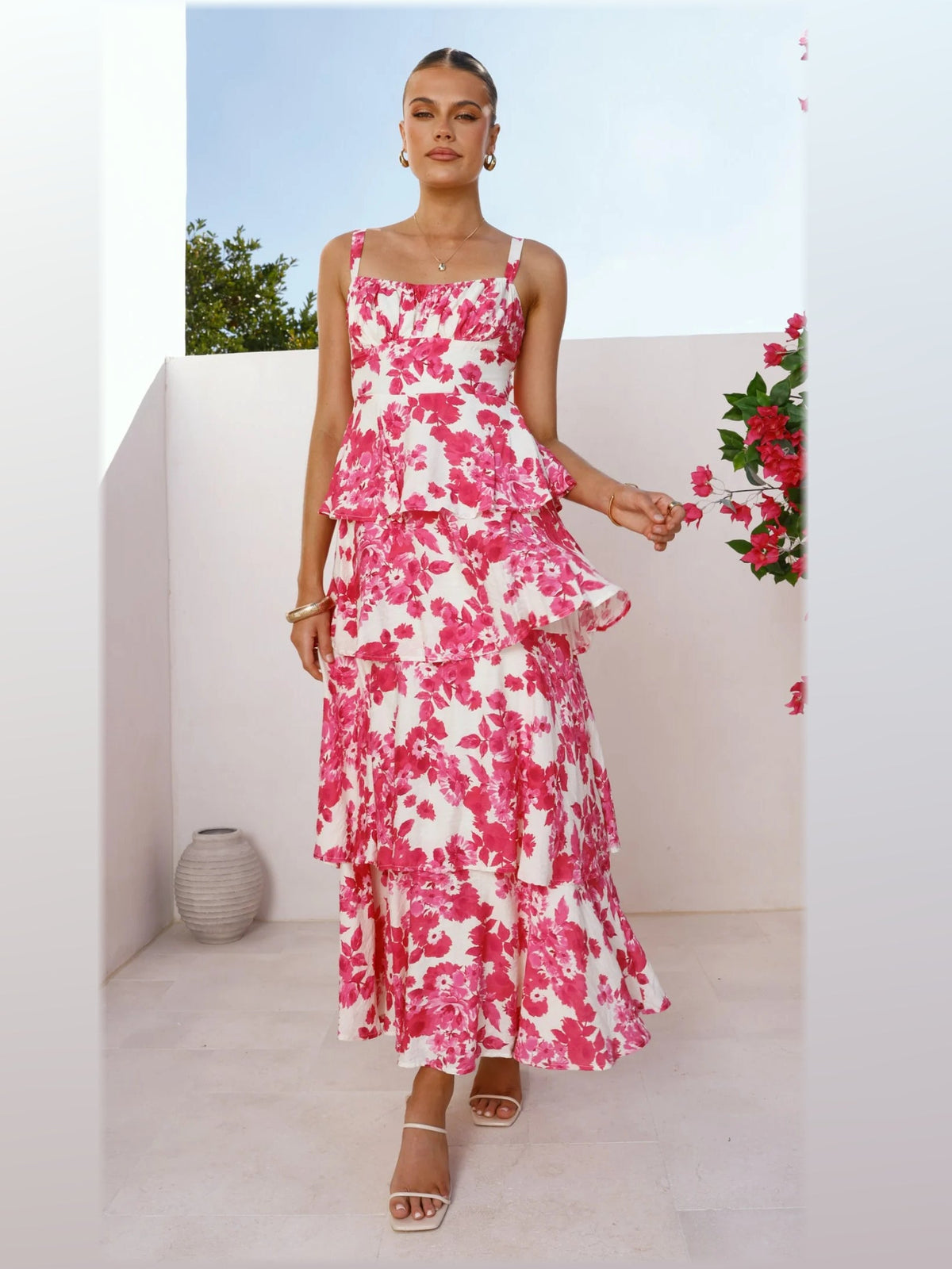 Pink White Floral maxi formal dress, alternate full-length view showing the overall shape