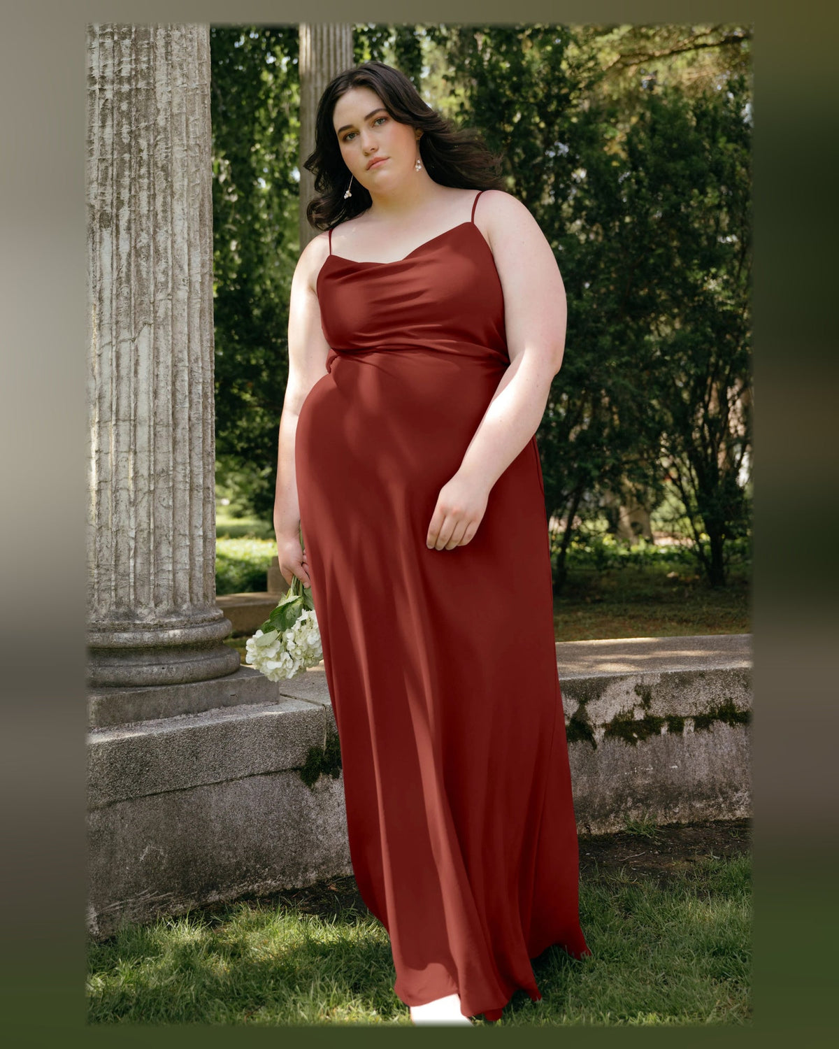 Rust draped cowl-neck A-line formal dress, floor-length, spaghetti straps