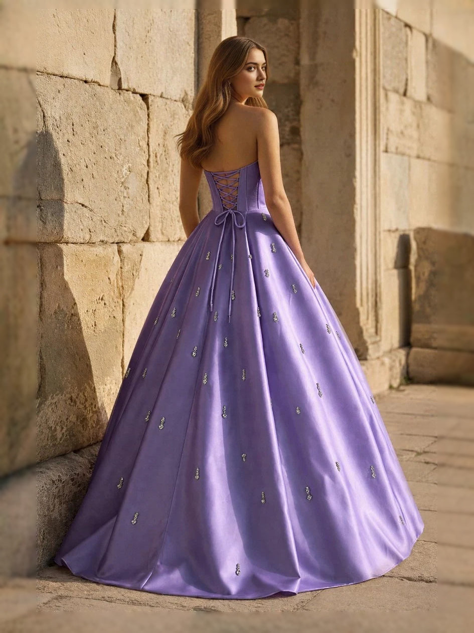 Lilac sweetheart corset ball gown with thin straps and full floor-length skirt, front view