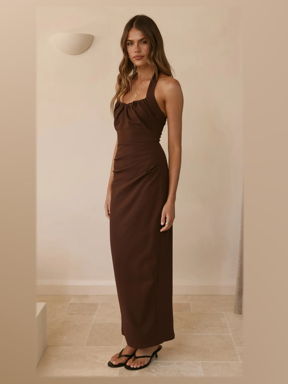 Chocolate maxi formal dress, alternate full-length view showing the overall shape