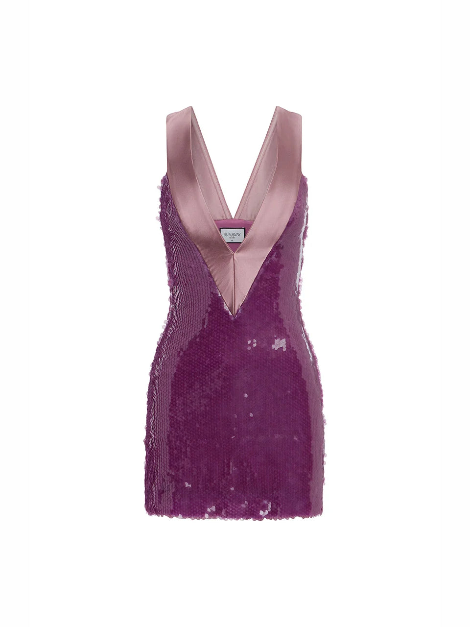Orchid purple sequin mini dress with V-neck front and sheer shoulder panels