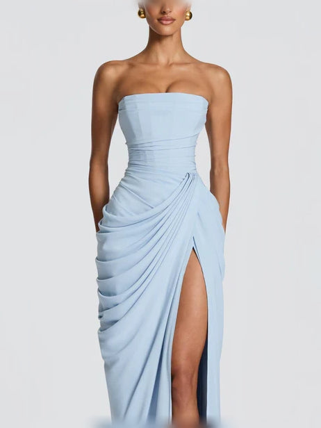 Off-shoulder corset ruched floor-length formal dress, light blue with diagonal drape