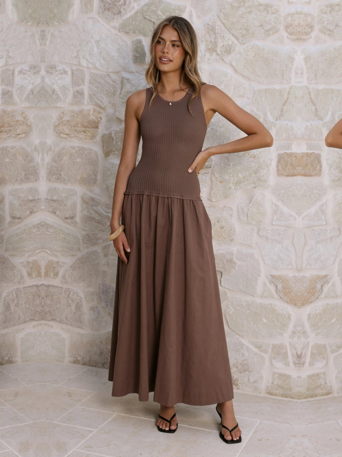 Chocolate a-line maxi formal dress with tiered skirt, alternate view showing the hem