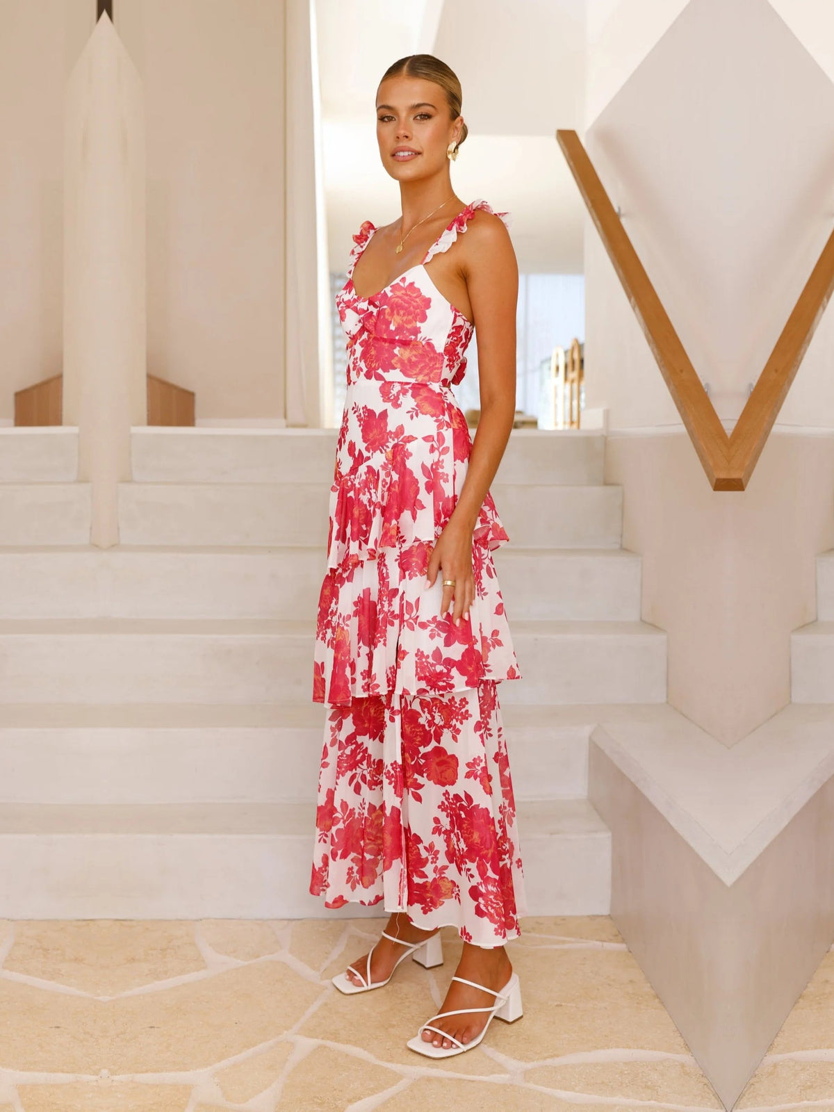 Red Floral a-line maxi formal dress with floral print, alternate view showing the hem