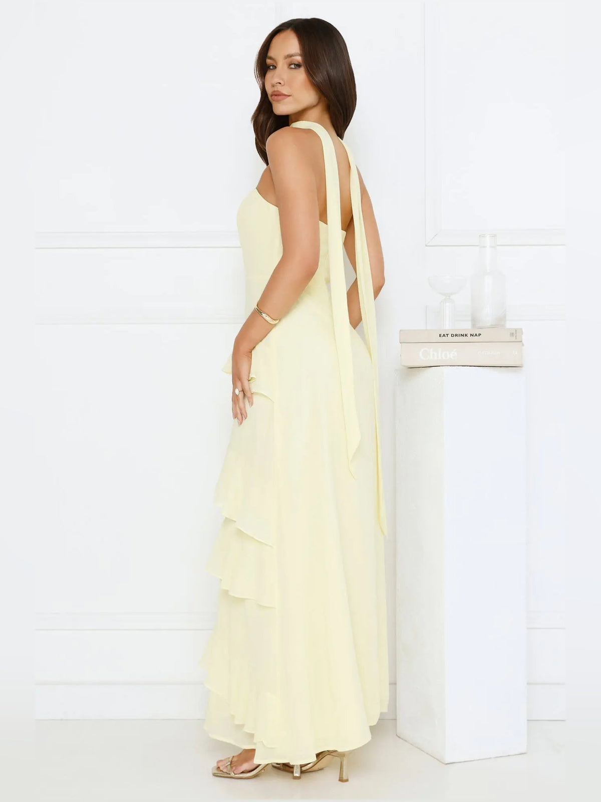 Yellow a-line maxi formal dress with tiered skirt, alternate view showing the hem