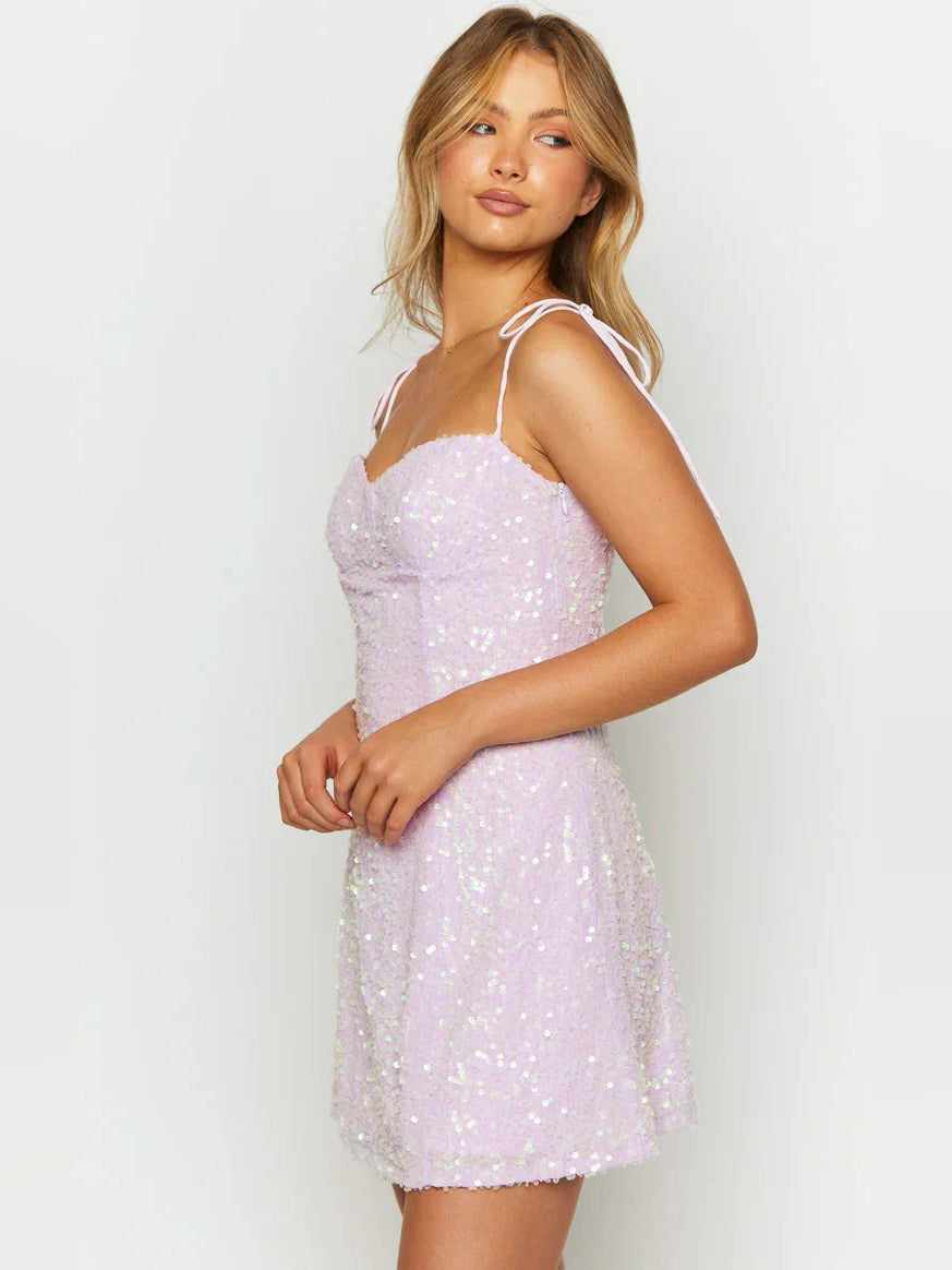 Lilac sequin bodycon mini dress with sweetheart neckline and tie-back spaghetti straps