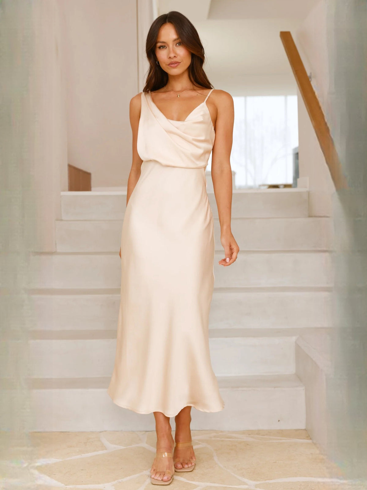 Gold sheath maxi formal dress with cowl neckline, alternate full-length view showing the hem