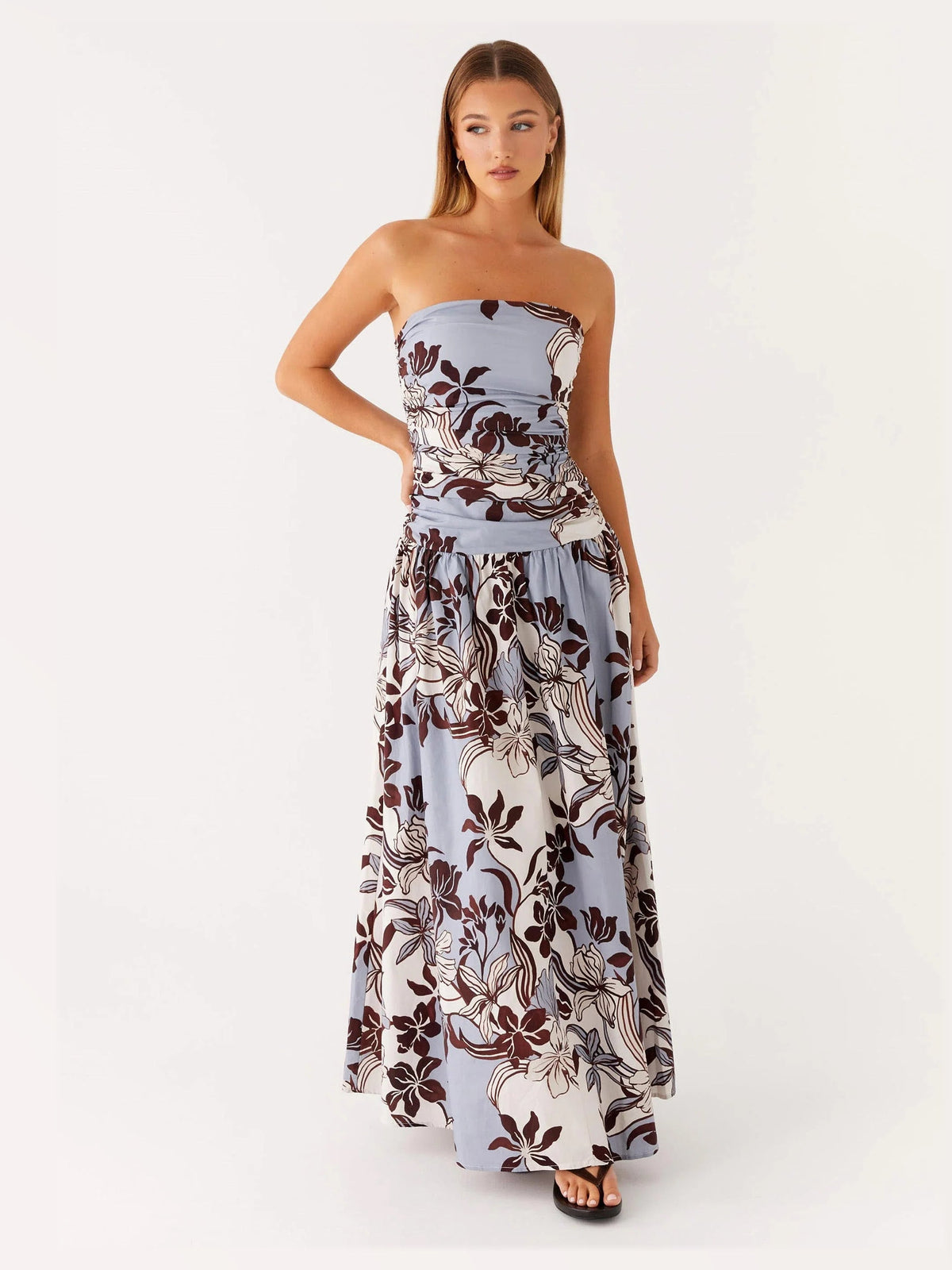 Light Blue Brown Floral Print maxi formal dress, alternate full-length view showing the overall shape
