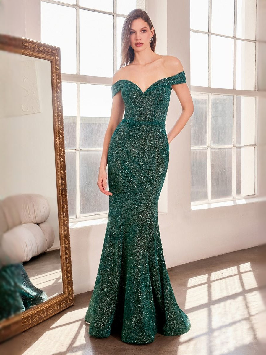 Teal glitter off-shoulder V-neck mermaid prom dress, floor-length, standing