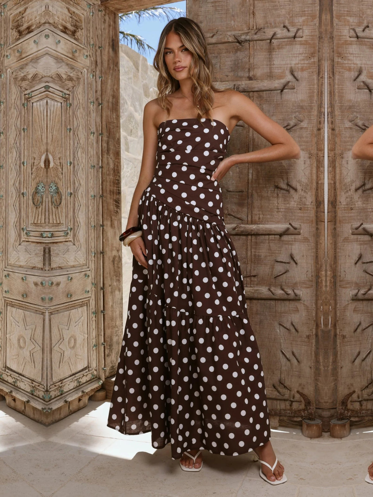 Brown White Polka Dot a-line maxi formal dress with printed pattern, alternate view showing the hem