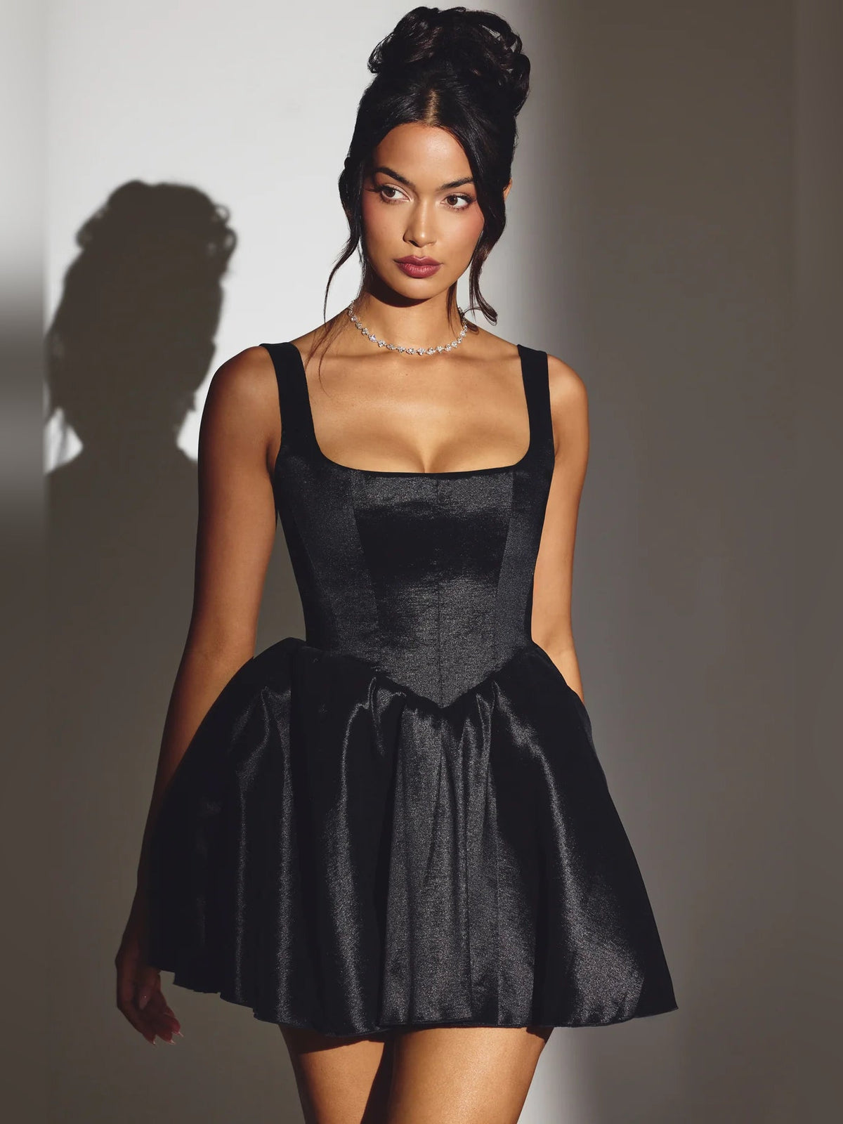 Black corset mini homecoming dress, sleeveless corset top with flared hem