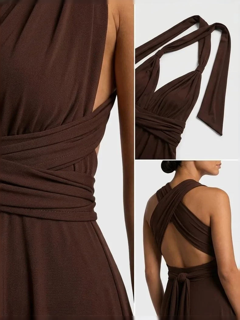 Chocolate-brown maxi dress detail: ruched waist and crisscross open-back straps