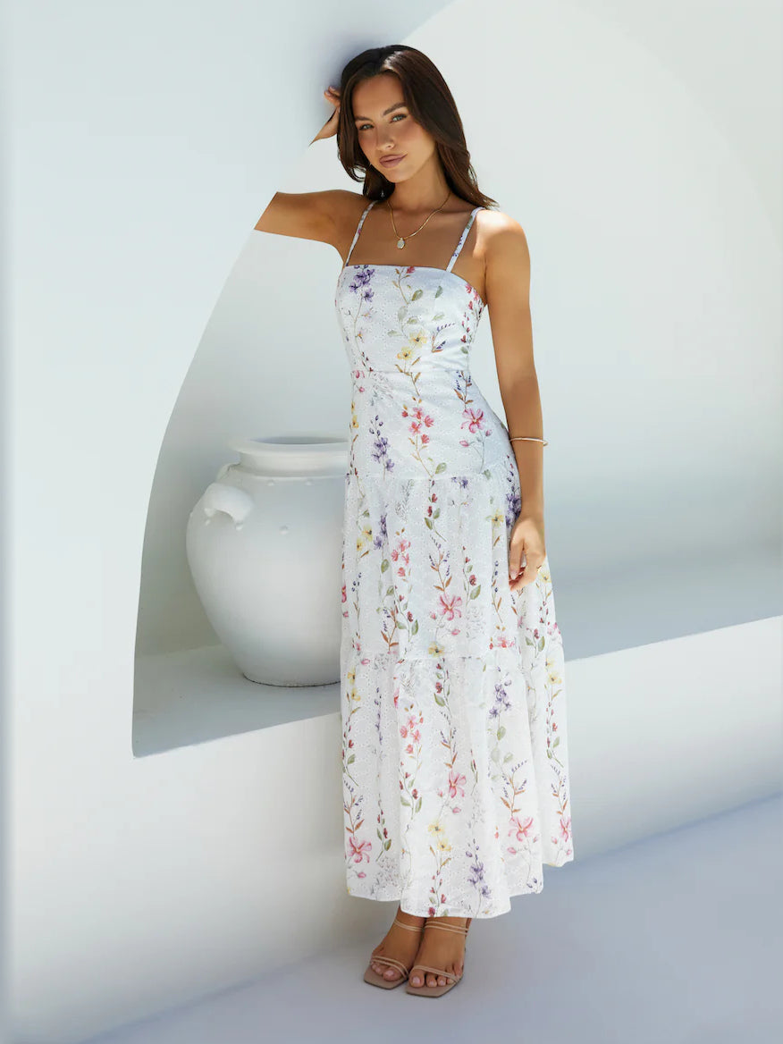 White midi formal dress, alternate full-length view showing the overall shape