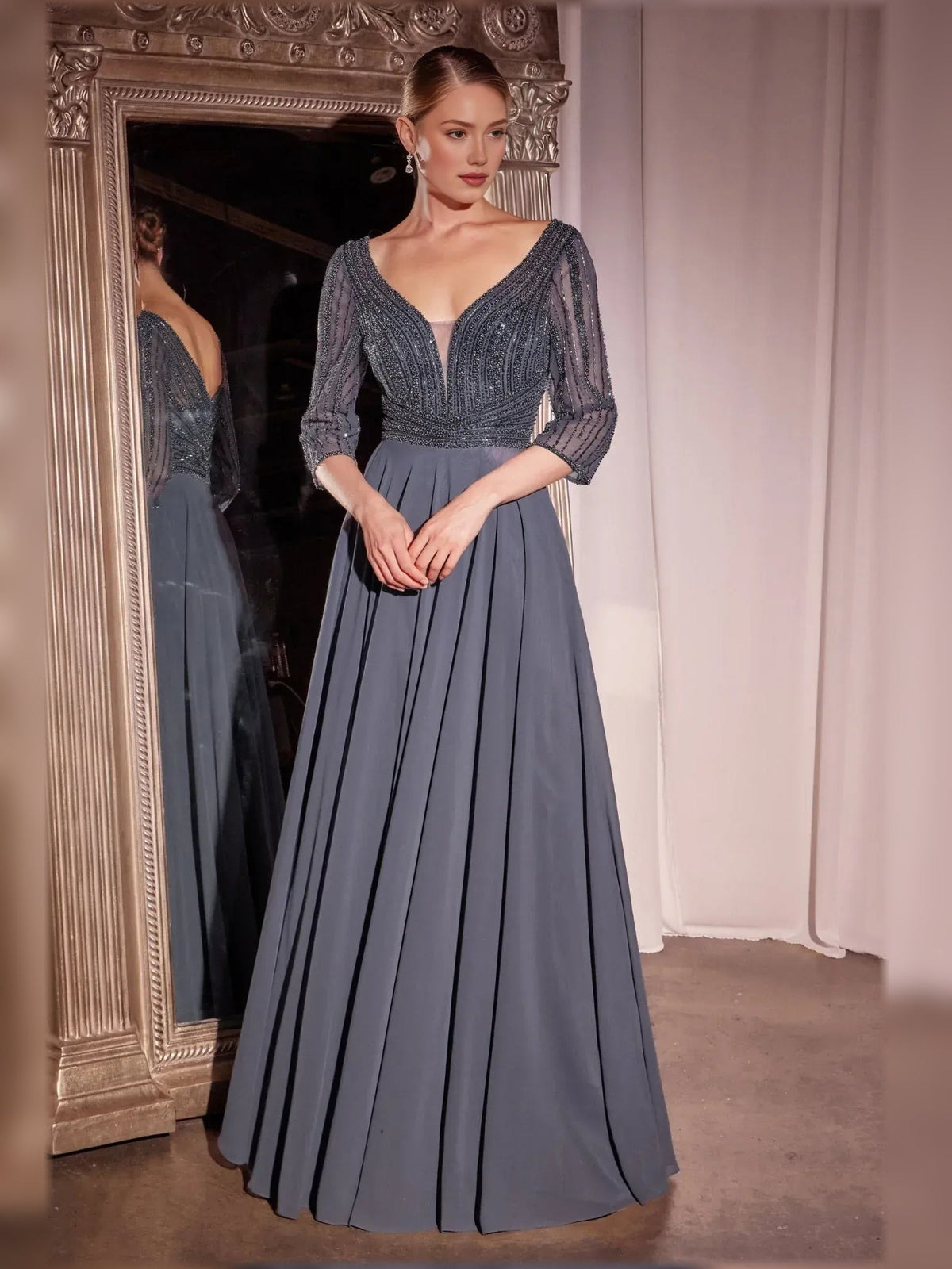 Mist blue V-neck chiffon A-line formal dress with silver beaded V-bodice and 3/4 sleeves
