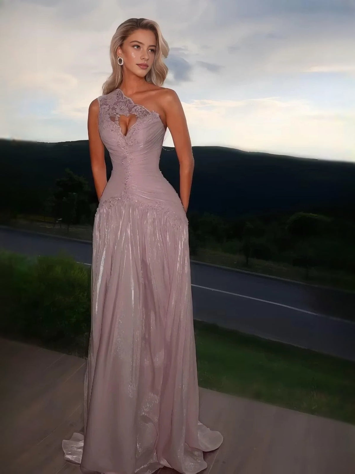 One-shoulder ruched floral-applique A-line floor-length prom dress, blush pink
