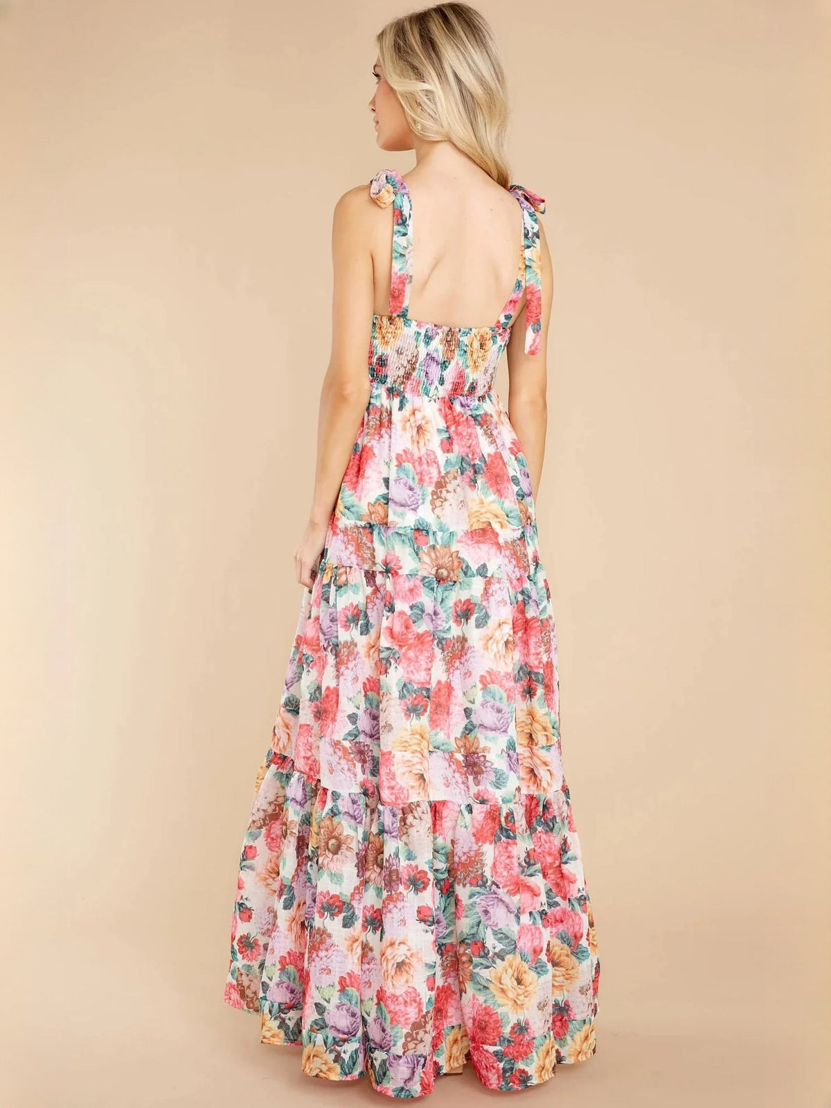 Ivory Multicolor Floral Print a-line maxi formal dress with tiered skirt, alternate full-length view showing the hem