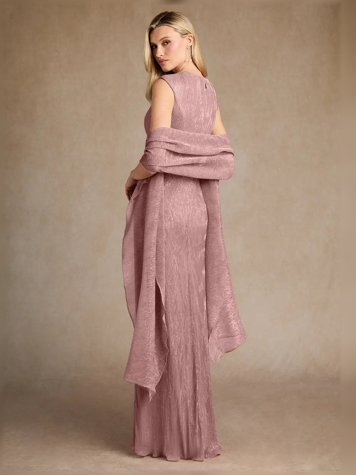 Dusty rose maxi sheath dress with draped sleeve-like sash and long side slit