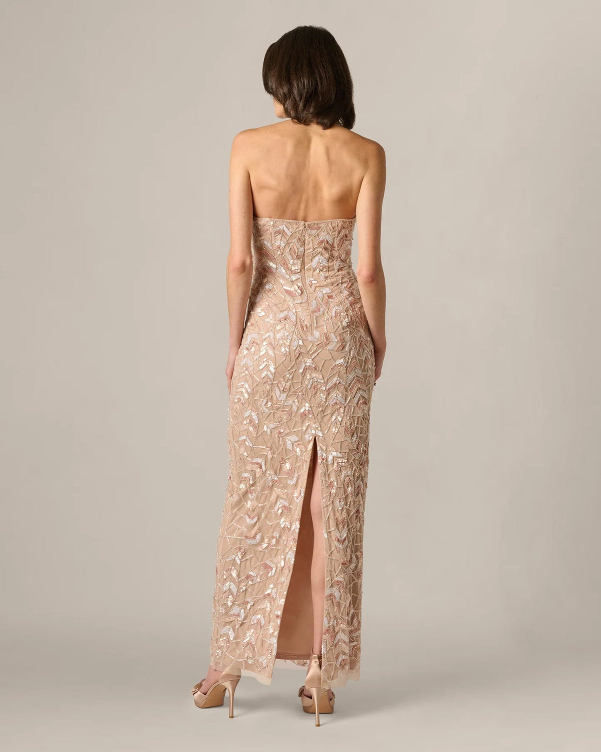 Rose taupe sequin maxi dress with halter back and long A-line silhouette