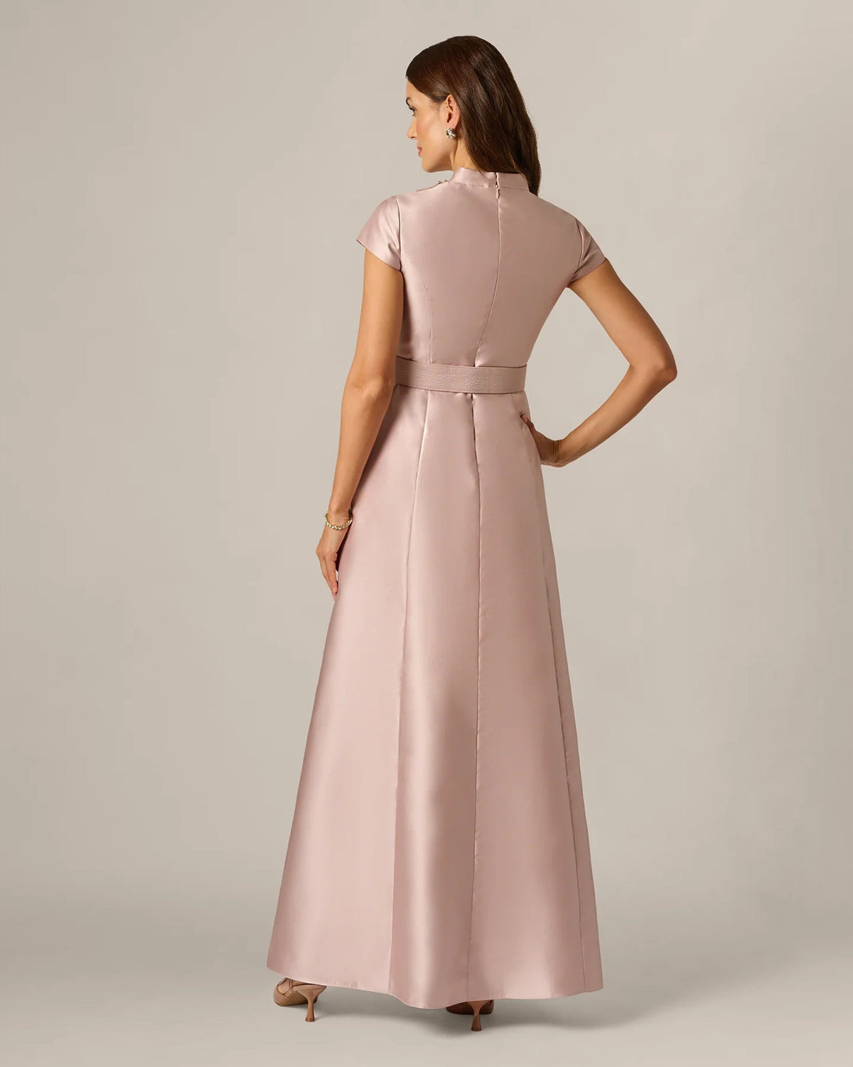 Blush pink A-line maxi dress, back view with cap sleeves and waist belt