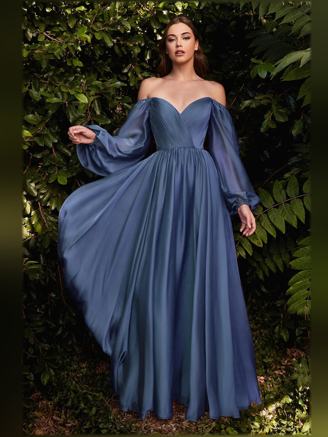 Dusty blue V-neck formal dress with wide off-shoulder puff sleeves and pleated skirt