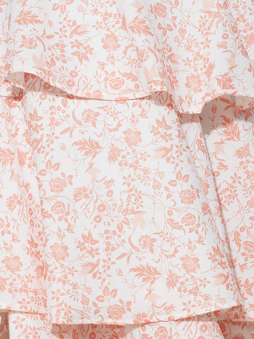 Orange a-line maxi formal dress with ruffle details, alternate full-length view showing the hem