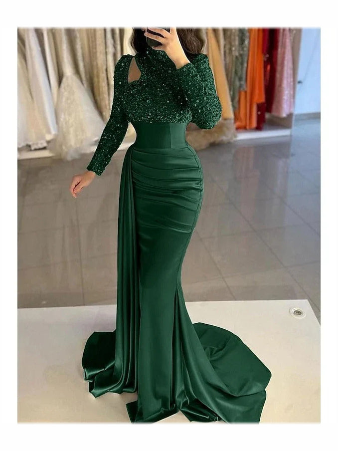 Emerald green satin mermaid dress with sparkling long sleeves and front slit