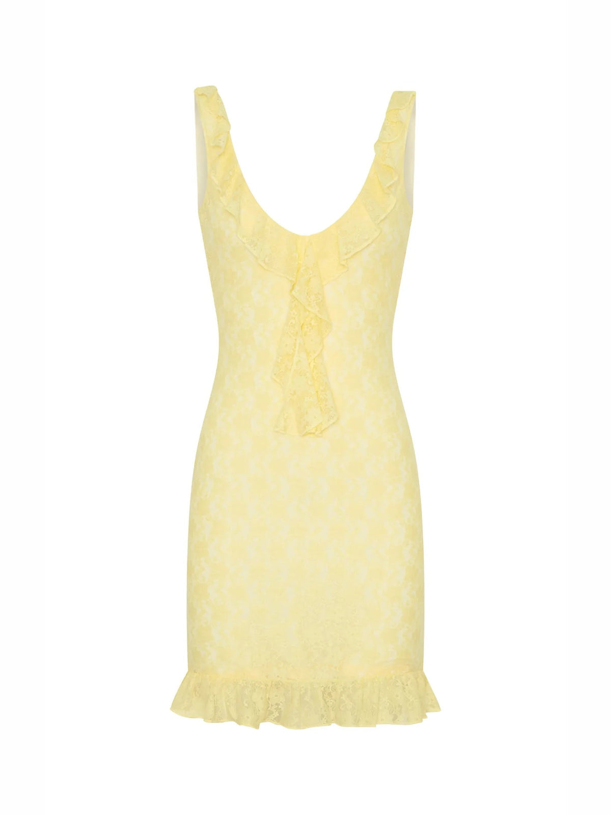 Yellow sleeveless mini dress with V-neck and layered ruffle front