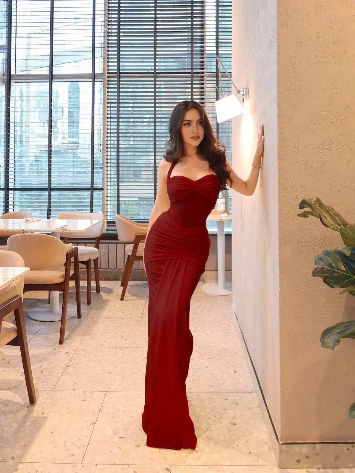 Burgundy ruched sweetheart sheath prom dress with draped bodice, floor-length