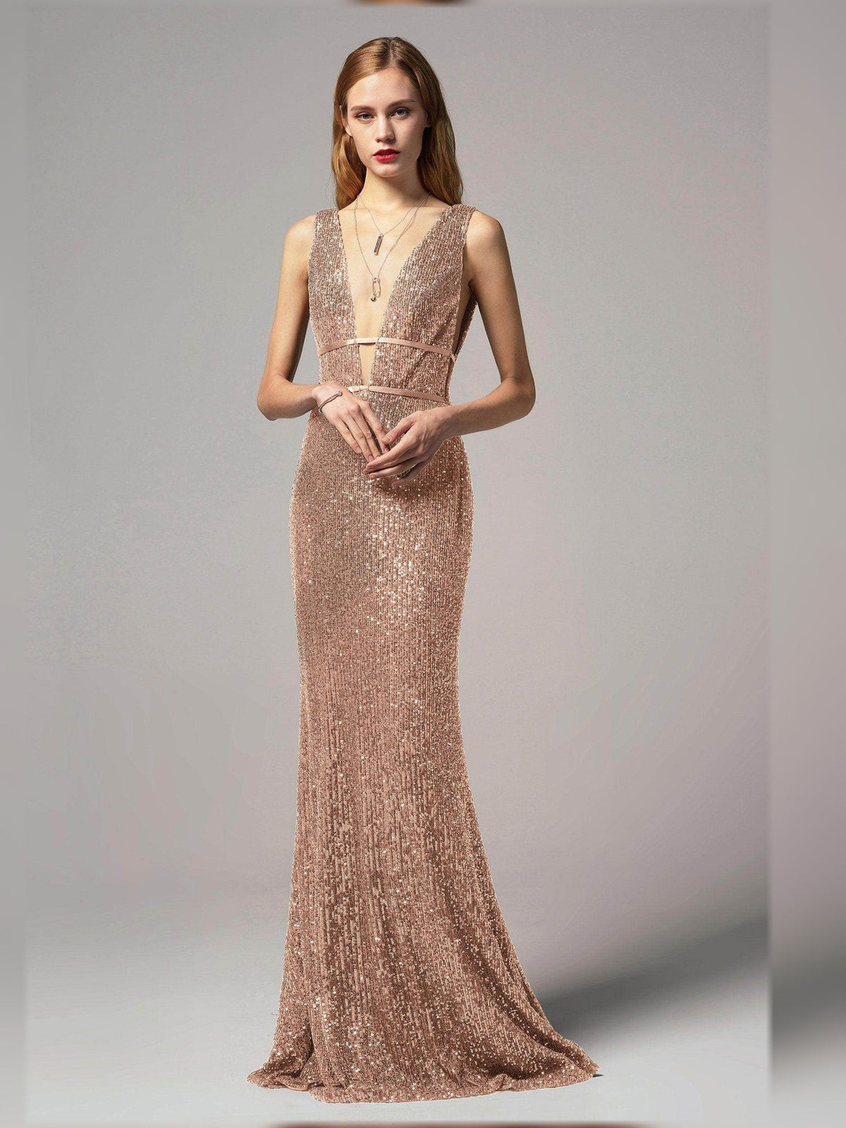 Rose gold beaded open-back sheath floor-length formal dress with V-neck front