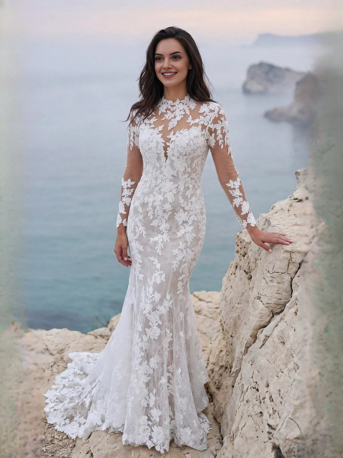 Ivory lace mermaid wedding dress with high neck illusion, long sheer sleeves, tulle skirt.