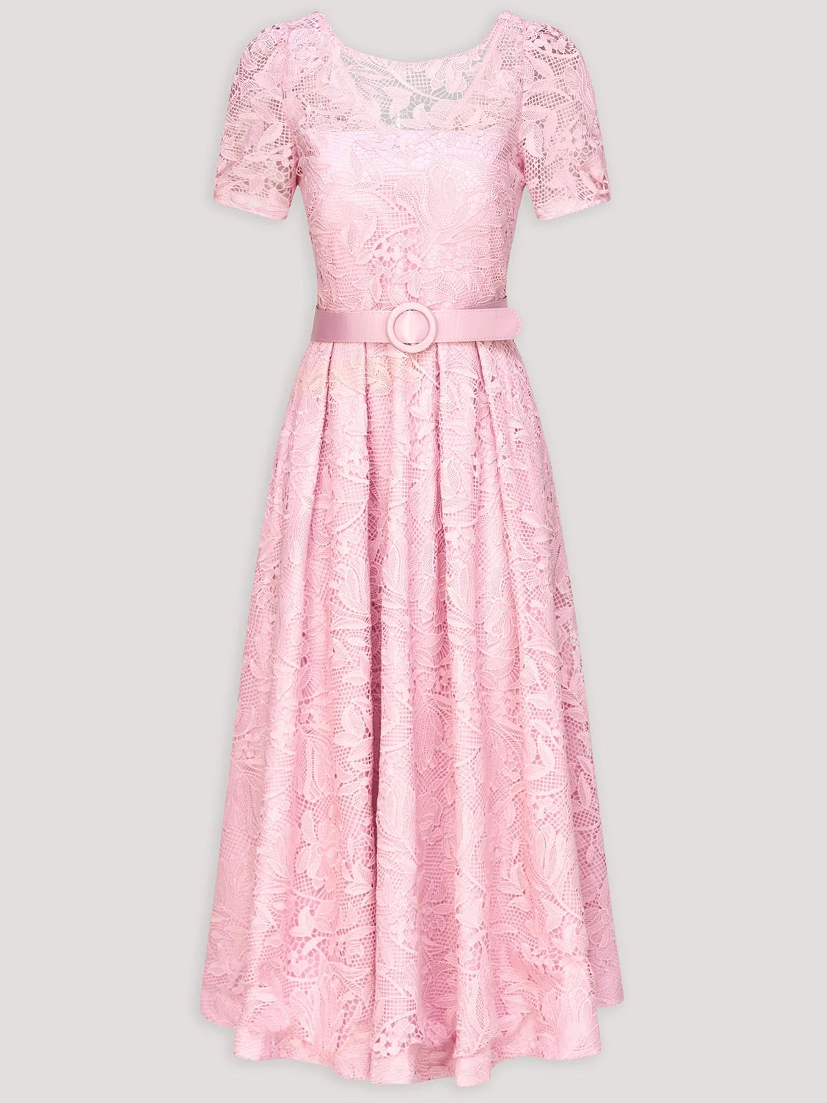 Pink floral lace tea-length A-line dress with short puff sleeves and waist belt