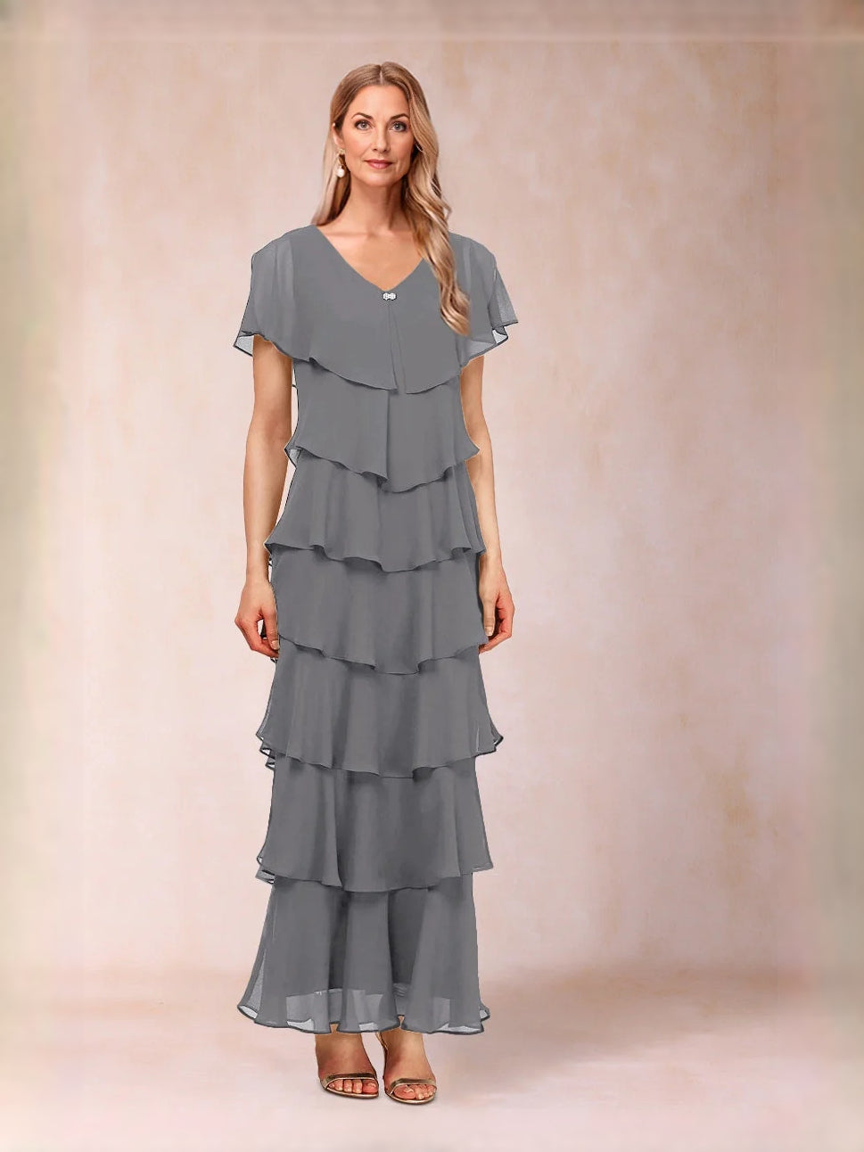 Tiered ruffled V-neck A-line maxi chiffon dress, light gray