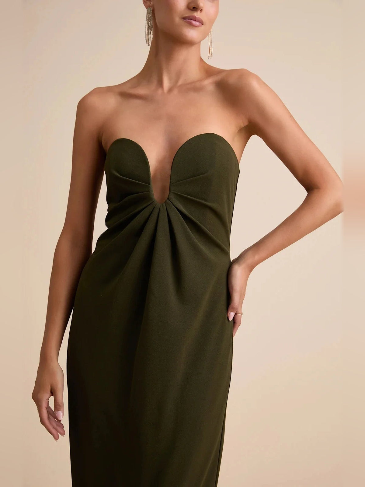 Olive green strapless V-neck column maxi dress, gathered sweetheart bodice detail